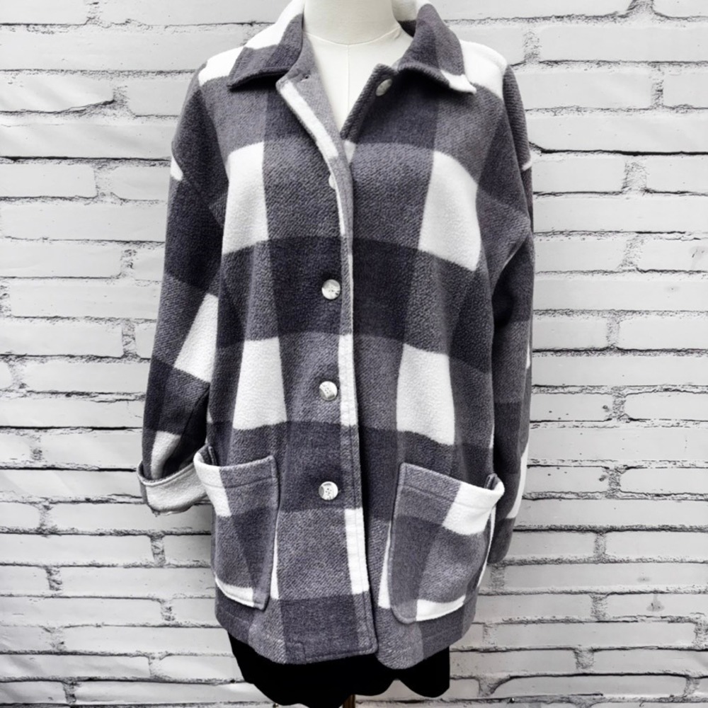 NY‎ 10018 Plaid Fleece Womens M Lavender Purple Buffalo Check Button Jacket
